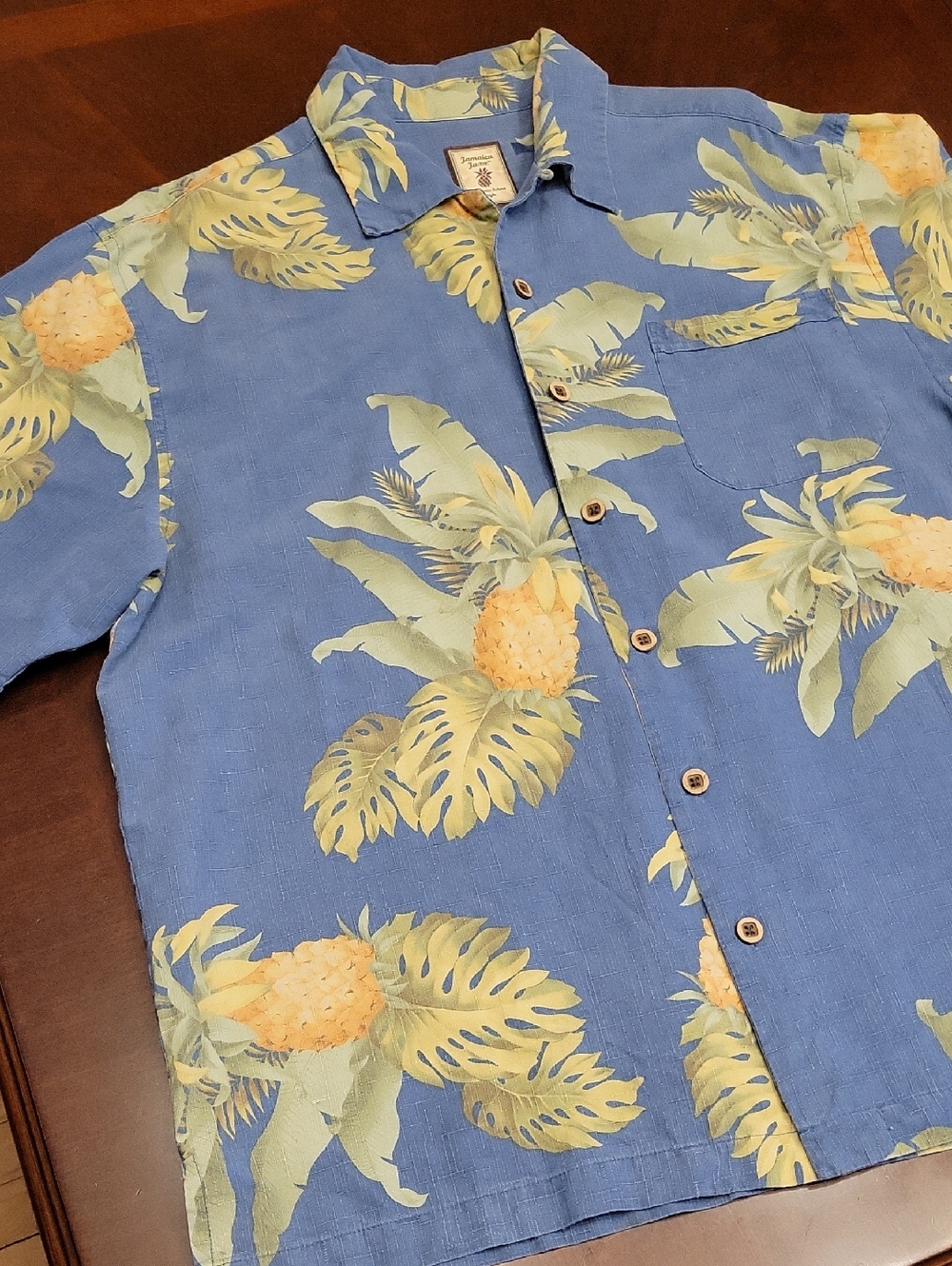 Jamaica Jaxx Silk Blue Pineapple-Print Casual Button-Down Shirt